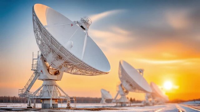 Celestial Connection: Captivating shot featuring majestic satellite dishes against a canvas of radiant sunset hues, symbolizing global communication and scientific innovation.