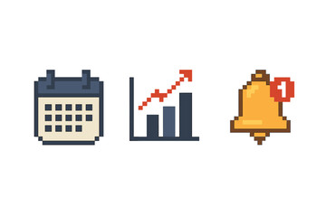 Pixel art icon set for social media management. 8-bit vector icons calendar for scheduling, analytics graph for growth, notification bell for user engagement. Digital marketing.