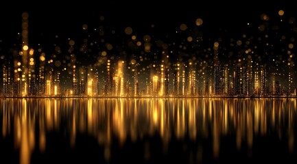 Golden city skyline reflected in water, glittering bokeh