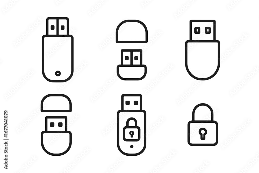 Aufkleber usb flash drive outline icon set. vector symbols for data storage and digital security. memory stick