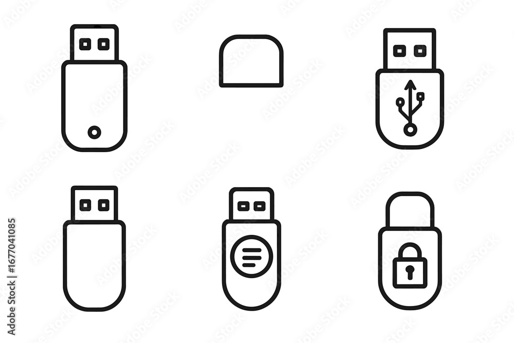 Poster usb stick outline icon set. vector flash drive collection with memory stick, cap, connector, led, da