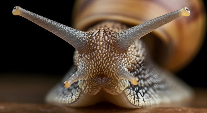 Detailed close-up of a snail's face, showing its tentacles, texture, and the front of its shell.