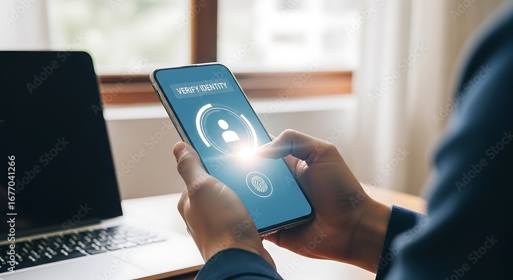 Fototapete verifying identity on a mobile phone with digital authentication, representing security and access c