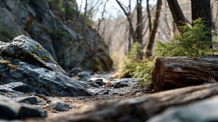 Fototapeta premium A close-up view of a rocky creek bed within a shaded forest, showcasing the textures of dark gray stones and a fallen log.