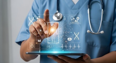 A doctor using a digital interface to analyze patient data and health information.