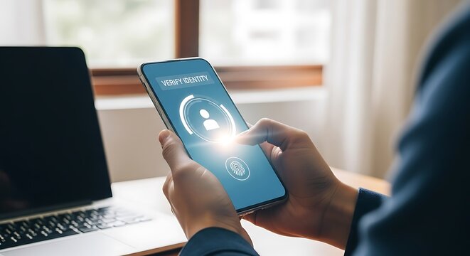 Verifying identity on a mobile phone with digital authentication, representing security and access control in a digital environment for online privacy - Powered by Adobe