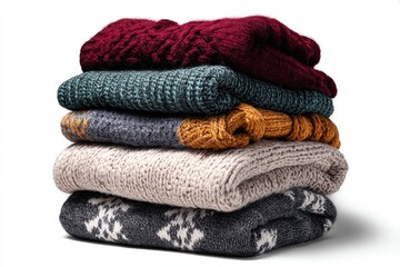 A stack of folded sweaters, various colors and patterns, against a white background
