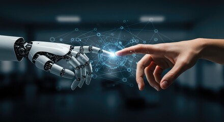 Dynamic interaction of human and robotic hands symbolizing AI innovation, connection, and the future of technology in a modern and innovative world of possibilities
