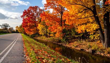 Naklejka premium Vibrant autumn foliage lining a quiet country road with a serene stream reflecting the colors
