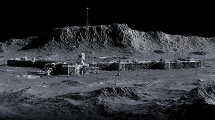 large scale 3D schematic overlay of moon base infrastructure on surface photo blueprint style fusion illustration concept scene visual for commercial design use high detail quality stock image