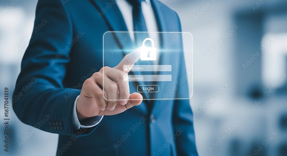 Aufkleber businessman touching a digital screen with a padlock icon for login and password, representing cyber