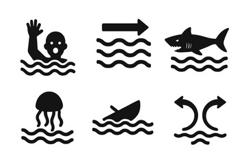 Water hazard solid icon set. Vector symbols of water dangers like drowning, strong currents, shark attack, jellyfish sting, boat capsizing, and rip tide for safety signs.
