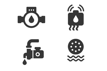 Water management glyph icon set. Solid vector pictograms for plumbing and utility systems. Includes smart water meter, leak detector alarm, electric pump, and drainage filter.