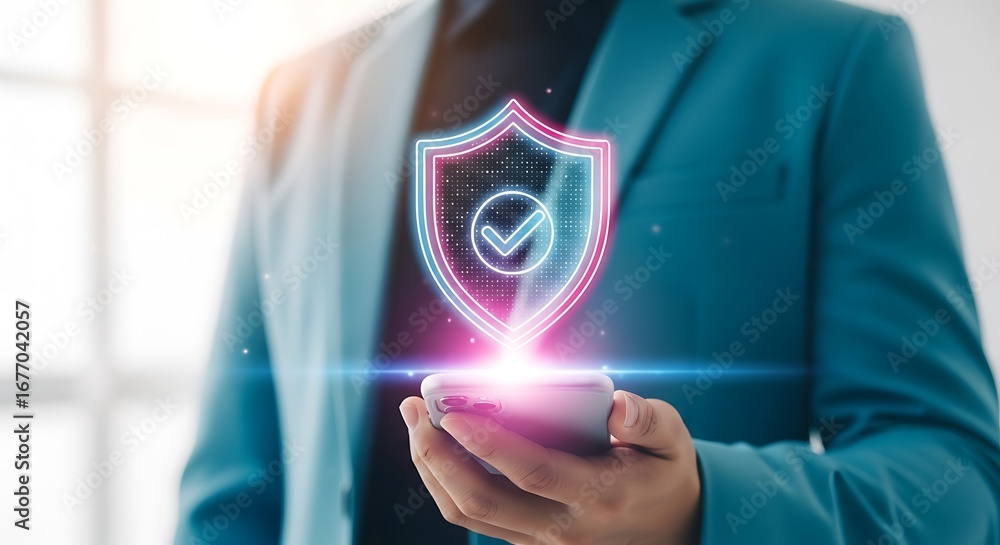 Aufkleber a man holding a smartphone with a digital shield and checkmark, representing cybersecurity, data pro