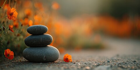A stack of smooth, gray stones sits amidst orange flowers, bathed in warm light