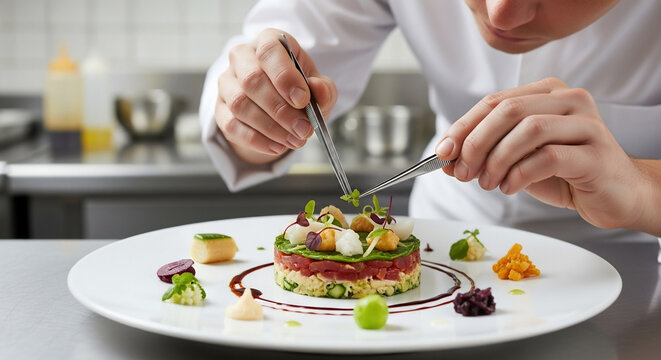 Chef plating gourmet dish with tweezers