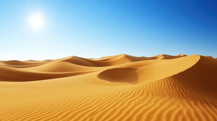 A vast desert landscape with golden sand dunes, under a clear blue sky, illuminated by bright sunlight.
