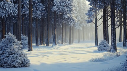 A serene winter landscape featuring tall, snow-covered trees and a soft white blanket of snow on the ground, creating a tranquil atmosphere.