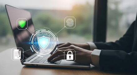 A businessman is typing on a laptop with a cybersecurity shield icon, representing data protection, privacy, and network security in a modern digital business environment for online safety