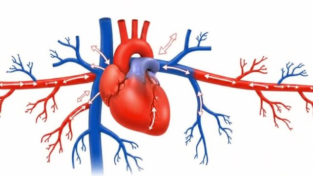 A clean animated diagram showing the heart pumping blood through arteries and veins in a simple clear layout