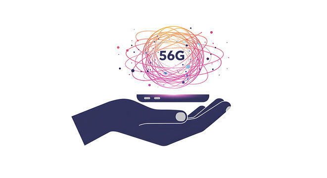 Next-Generation 56G Mobile Network Technology Concept - Hand Holding Smartphone with Abstract Wireless Connectivity and Data Flow