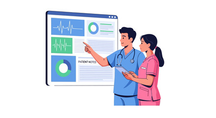 Medical professionals analyzing patient data and health analytics on a digital dashboard screen.