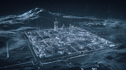 large scale 3D schematic overlay of moon base infrastructure on surface photo blueprint style fusion illustration concept scene visual for commercial design use high detail quality stock image