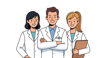 Three smiling doctors in white coats standing together.