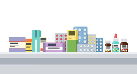 Obraz premium An assortment of medications, including blister packs, bottles, and boxes, displayed on a countertop against a white background.