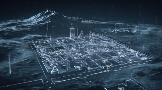 large scale 3D schematic overlay of moon base infrastructure on surface photo blueprint style fusion illustration concept scene visual for commercial design use high detail quality stock image