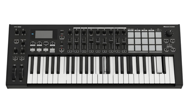 Midi keyboard controller music production studio equipment instrument digital audio workstation black and white keys on transparent background