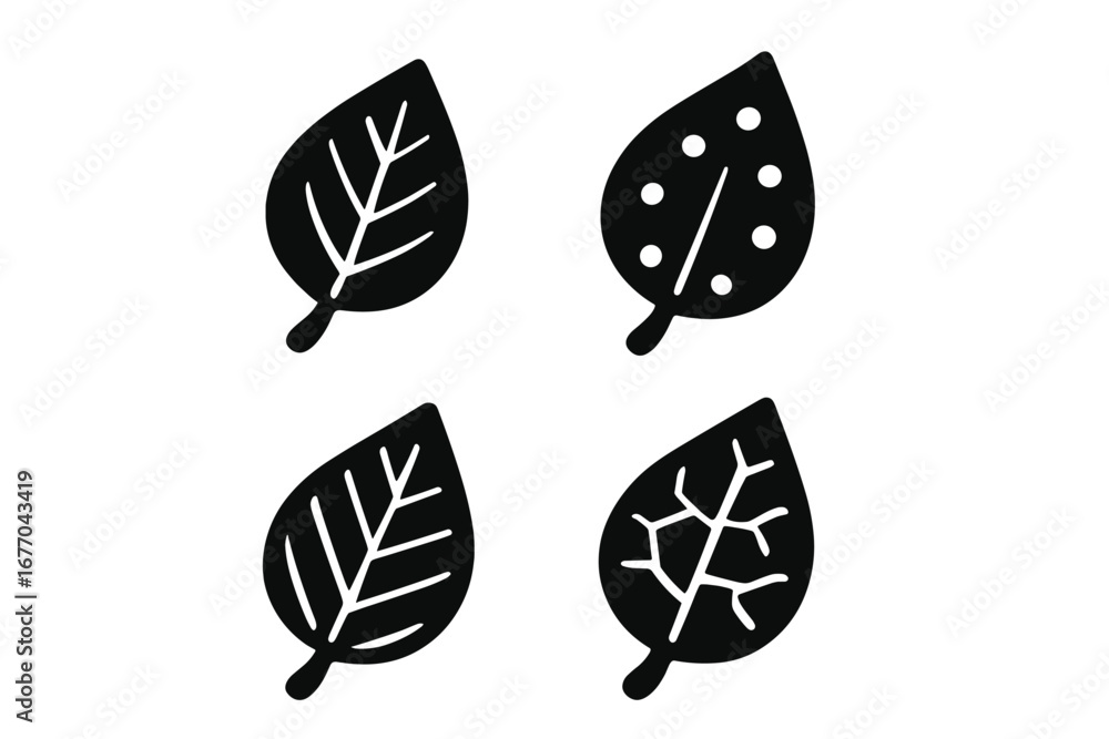 Aufkleber black leaf icons set. solid filled symbol collection of leaves with different textures and patterns.