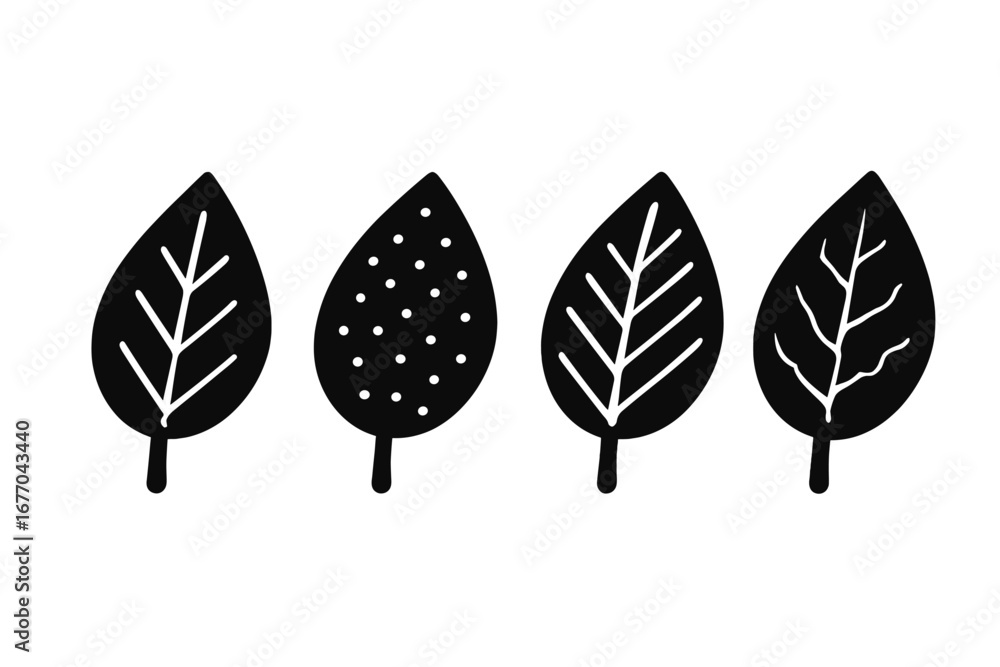 Poster black leaf icons set. simple vector silhouettes of leaves with different patterns. collection of gra