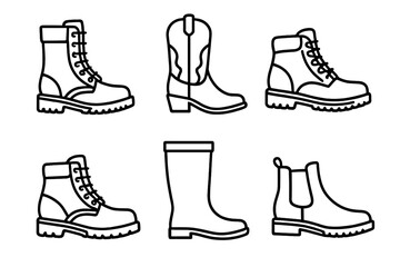 Boot icon set vector collection. Outline icons of various footwear styles like combat, cowboy, hiking, work, rain, and Chelsea boots. Shoe fashion graphic design elements.