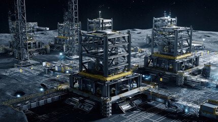 large scale 3D schematic overlay of moon base infrastructure on surface photo blueprint style fusion illustration concept scene visual for commercial design use high detail quality stock image