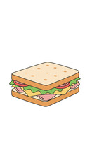 Illustration of a sandwich with ham cheese lettuce and tomato on toasted square bread slices