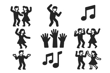Dancing people solid icon set. Vector pictogram collection of a couple dancing, solo dancer, raised hands, music note symbols. Party, fun, celebration, festival, disco concept.