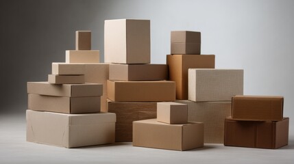 Stack of cardboard boxes arranged on neutral background for packaging storage ecommerce concept