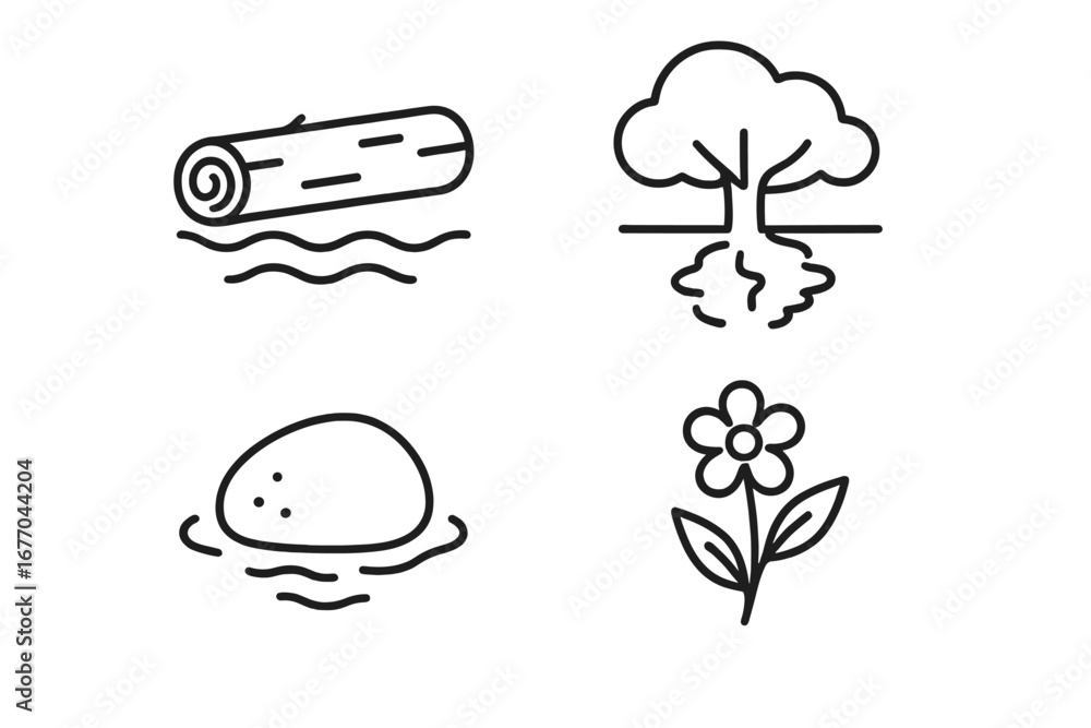 Poster forest and river nature outline icon set. vector symbols of a fallen log, tree with roots reflection