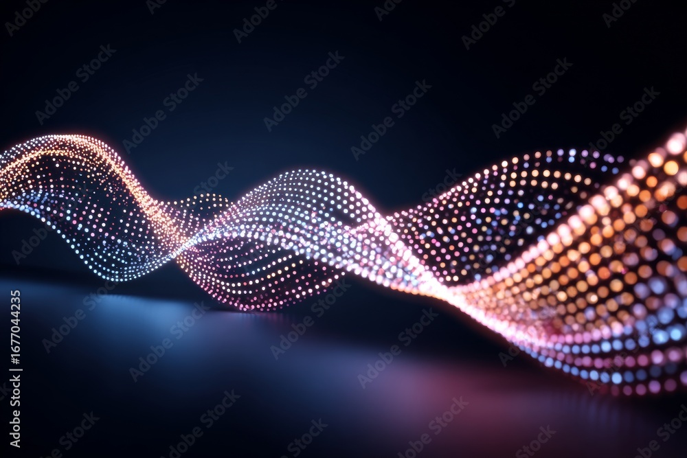 Poster the background of this image is a 3d rendering of glowing particles and digital waves, evoking a sen
