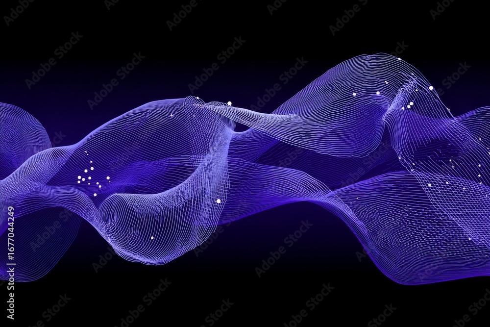 Poster glowing particles and digital waves form the backdrop of a futuristic technological scene, created u