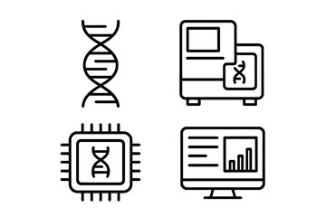 Genomic diagnostics icon set. Gene sequencing and DNA analysis line icons. Vector symbols for genetics, DNA helix, sequencing machine, gene chip and bioinformatics research data.