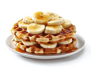 Stacked waffles topped with sliced bananas and honey
