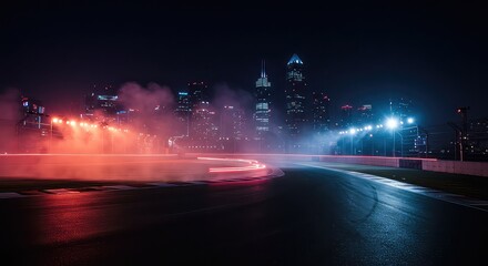 Experience the thrill of high-speed racing under the lights with vibrant city skyline backdrop, perfect for automotive advertising, dynamic event promotions, and high-energy visuals