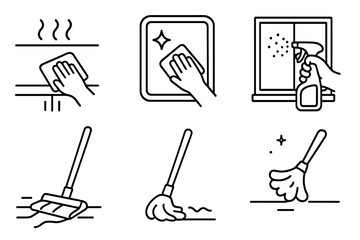 Home cleaning line icon set. Vector symbols for housekeeping service. Wipe counter, clean mirror, spray window, mop floor, dusting brush. Hygiene and disinfection concept.