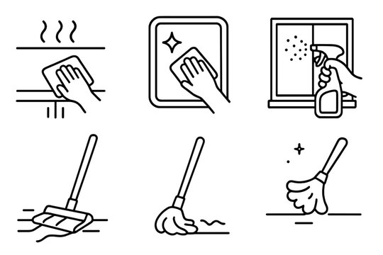 Home cleaning line icon set. Vector symbols for housekeeping service. Wipe counter, clean mirror, spray window, mop floor, dusting brush. Hygiene and disinfection concept.