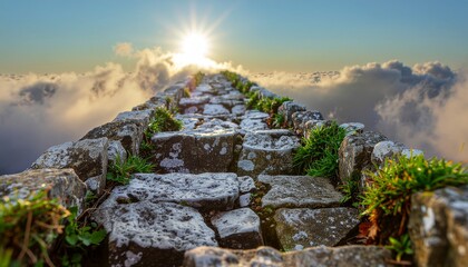 Stone path through clouds revealing a celestial sunrise