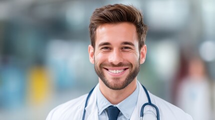 A beaming doctor in a state-of-the-art clinic is depicted standing with hands in pockets, representing the idea of medical care and providing ample space for text