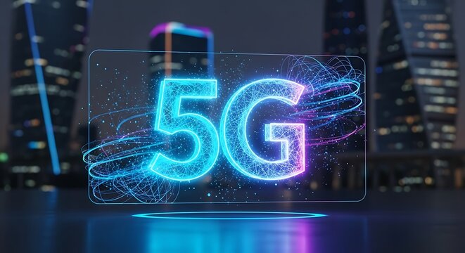 Illustration of 5g technology against a blurred cityscape at night, showcasing the concept of highspeed wireless communication and the future of digital connectivity in an urban environment