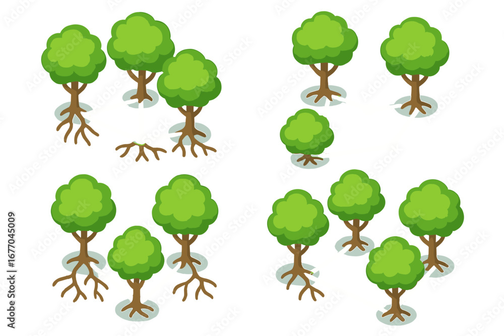 Poster isometric tree network icon set. concept for communication, ecosystem, and synergy. vector illustrat